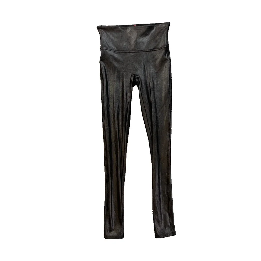 Spanx Leggings Womens S Small Black Coated High Waisted Faux Leather Crop PullOn